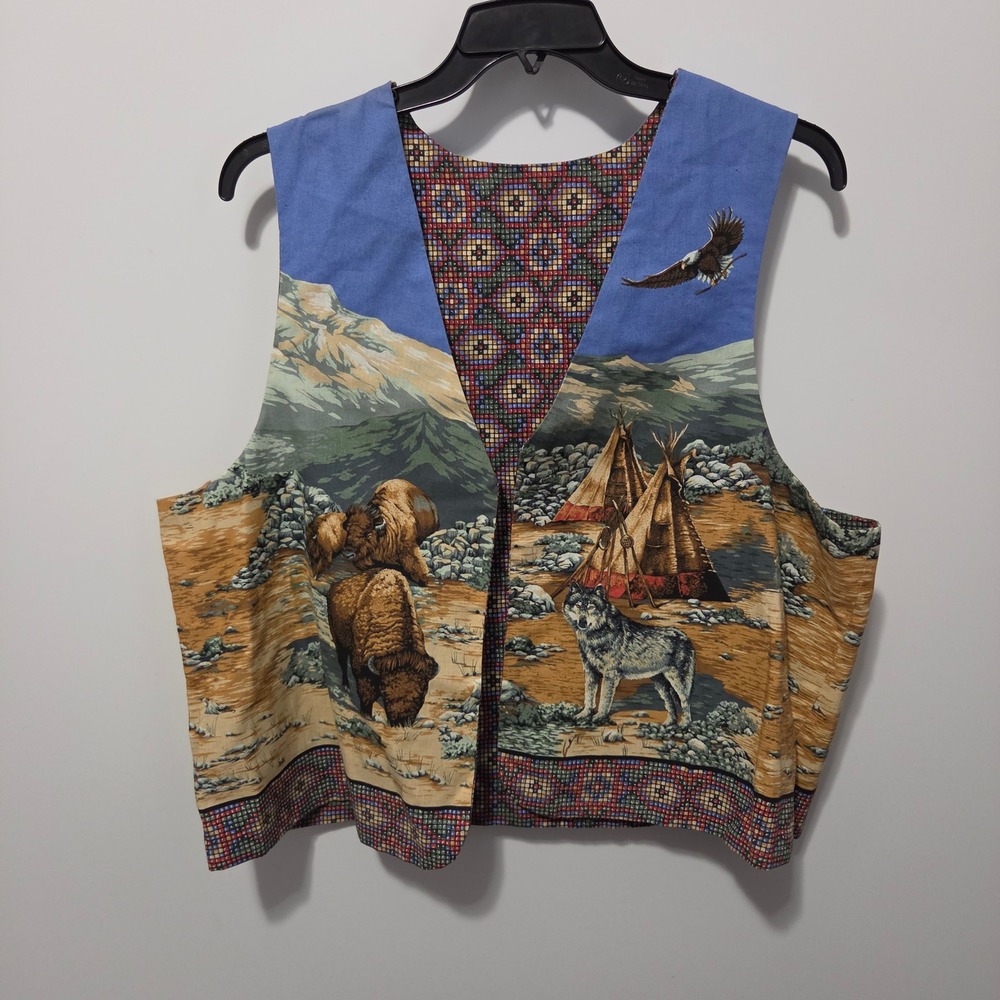 Vintage Reversible Western Vest Large Buffalo Wolf Eagle Horse Native American